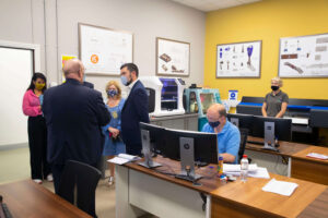 07/09/2021. Pictured is Minister of State Joe O’Brien Spokesperson for Community Development & Charities on his visit to FabLab, Enniscorthy, Co. Wexford, Pictured with the Minister is John O’Leary, Fab lab Co. Founder and Cllr. Barbara-Anne Murphy, Cathaoirleach, Wexford County Council. Picture: Patrick Browne