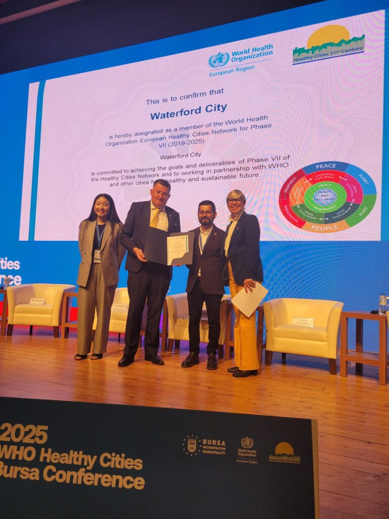 Cllr. Damien Geoghegan accepting Waterford’s accreditation at the WHO Healthy Cities Conference